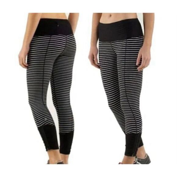 LULULEMON Runday Crop Leggings Parallel Stripe Black White Size 4 Zippers RARE - Picture 1 of 5